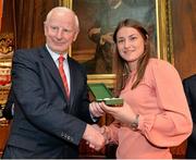 7 May 2013; Ireland's Olympic medallists from the London 2012 Olympic Games were presented with their International Olympic Committee lapel pins at a special ceremony in the Mansion House Dublin. Pictured is Katie Taylor receiving the Olympic Council of Ireland Medal of Honour from Pat Hickey, President, Olympic Council of Ireland. Mansion House, Dublin. Picture credit: Brendan Moran / SPORTSFILE