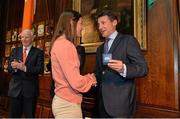 7 May 2013; Ireland's Olympic medallists from the London 2012 Olympic Games were presented with their International Olympic Committee lapel pins at a special ceremony in the Mansion House Dublin. Pictured is Katie Taylor receiving her pin from Lord Coe, Chairman, British Olympic Association, in the company of Pat Hickey, President, Olympic Council of Ireland. Mansion House, Dublin. Picture credit: Brendan Moran / SPORTSFILE
