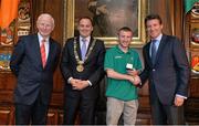 7 May 2013; Ireland's Olympic medallists from the London 2012 Olympic Games were presented with their International Olympic Committee lapel pins at a special ceremony in the Mansion House Dublin. Pictured is Paddy Barnes receiving his pin from Lord Coe, Chairman, British Olympic Association, in the company of Pat Hickey, President, Olympic Council of Ireland, Lord Mayor of Dublin, Naoise Ó Muirí. Mansion House, Dublin. Picture credit: Brendan Moran / SPORTSFILE