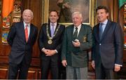 7 May 2013; Ireland's Olympic medallists from the London 2012 Olympic Games were presented with their International Olympic Committee lapel pins at a special ceremony in the Mansion House Dublin. Pictured is Tommy Murphy, President, IABA, on behalf of John Joe Nevin, receiving the pin from Lord Coe, Chairman, British Olympic Association, in the company of Pat Hickey, President, Olympic Council of Ireland, Lord Mayor of Dublin, Naoise Ó Muirí. Mansion House, Dublin. Picture credit: Brendan Moran / SPORTSFILE