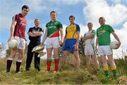 8 May 2013; Footballers, from left, Finian Hanley, Galway, Ross Donovan, Sligo, Andy Moran, Mayo, Cathal Cregg, Roscommon, Mark Gottfche, London, and Cathal McCrann, Leitrim, in attendance at the launch of the Connacht GAA Football Championships. Connacht GAA Centre, Cloonacurry, Bekan, Co. Mayo. Picture credit: Barry Cregg / SPORTSFILE
