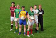 8 May 2013; Footballers, from left, Finian Hanley, Galway, Cathal McCrann, Leitrim, Cathal Cregg, Roscommon, Andy Moran, Mayo, Mark Gottfche, London, and Ross Donovan, Sligo, in attendance at the launch of the Connacht GAA Football Championships. Connacht GAA Centre, Cloonacurry, Bekan, Co. Mayo. Picture credit: Barry Cregg / SPORTSFILE