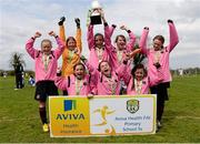 7 May 2013; The Summerhill National School, Co. Roscommon, celebrate with the cup after winning the Girls B Section. Aviva Health FAI Primary School 5's, Connacht Finals, Shiven Rovers FC, Newbridge, Galway. Picture credit: Oliver McVeig