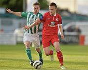 10 May 2013; David Cawley, Sligo Rovers, in action against John Mulroy, Bray Wanderers. Airtricity League Premier Division, Bray Wanderers v Sligo Rovers, Carlisle Grounds, Bray, Co. Wicklow. Picture credit: Matt Browne / SPORTSFILE