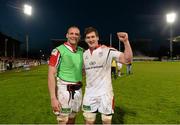 10 May 2013; Dan Tuohy, left, and Robbie Diack, Ulster, celebrate after the game. Celtic League Play-off, Ulster v Llanelli Scarlets, Ravenhill Park, Belfast, Co. Antrim. Picture credit: Oliver McVeigh / SPORTSFILE
