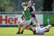 11 May 2013; Margaret Fitzgerald, Kerry, is fouled by Rebecca McPhilbin and Amy Rohan, Galway, resulting in a penalty for Kerry. TESCO HomeGrown Ladies National Football League, Division 2 Final, Kerry v Galway, Parnell Park, Donnycarney, Dublin. Picture credit: Brendan Moran / SPORTSFILE