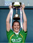 11 May 2013; Kerry captain Bernie Breen lifts the cup after victory over Galway. TESCO HomeGrown Ladies National Football League, Division 2 Final, Kerry v Galway, Parnell Park, Donnycarney, Dublin. Picture credit: Brendan Moran / SPORTSFILE