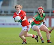 11 May 2013; Rhona Ní Bhuachulla, Cork, in action against Leona Ryder, Mayo. TESCO HomeGrown Ladies National Football League, Division 1 Final, Cork v Mayo, Parnell Park, Donnycarney, Dublin. Picture credit: Barry Cregg / SPORTSFILE
