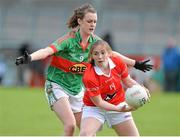 11 May 2013; Rhona Ní Bhuachalla, Cork, in action against Clodagh McManamon, Mayo. TESCO HomeGrown Ladies National Football League, Division 1 Final, Cork v Mayo, Parnell Park, Donnycarney, Dublin. Picture credit: Barry Cregg / SPORTSFILE