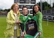 11 May 2013; Sarah Houlihan, Kerry, is presented with the Player of the Match award by Helen O'Rourke, left, Chief Executive, Ladies Gaelic Football Association, and Lynn Moynihan, Marketing Manager, TESCO HomeGrown Ireland. TESCO HomeGrown Ladies National Football League, Division 2 Final, Kerry v Galway, Parnell Park, Donnycarney, Dublin. Picture credit: Brendan Moran / SPORTSFILE