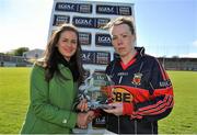 11 May 2013; Yvonne Byrne, Mayo, receives the Player of the Match award from Lynn Moynihan, Marketing Manager TESCO HomeGrown Ireland. TESCO HomeGrown Ladies National Football League, Division 1 Final, Cork v Mayo, Parnell Park, Donnycarney, Dublin. Picture credit: Barry Cregg / SPORTSFILE
