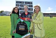 11 May 2013; Yvonne Byrne, Mayo, receives the player of the match award from Lynn Moynihan, Marketing Manager TESCO HomeGrown Ireland, left, and Helen O'Rourke, right, Chief Executive, Ladies Gaelic Football Association, after the game. TESCO HomeGrown Ladies National Football League, Division 1 Final, Cork v Mayo, Parnell Park, Donnycarney, Dublin. Picture credit: Barry Cregg / SPORTSFILE