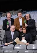 13 May 2013; RTÉ Raidió na Gaeltachta today launched its 2013 Championship coverage in Croke Park. The station enjoys full broadcast rights for all the matches in both football and hurling championships, an unrivalled position in the Irish media. RTÉ Raidió na Gaeltachta announced that it intends to broadcast up to 40 football matches, and more than 20 hurling games, with live commentary, reporting and analysis across its sports programmes. The station's sports schedule for the summer season into September includes 12 hours of sports programmes from Saturday to Monday, and will be enhanced by Monday sports programme Spórt an Luain presented by former Kerry intercounty footballer Dara Ó Cinnéide. In attendance at the announcement are Uachtarán Chumann Lúthchleas Gael Liam Ó Néill, Gearóidín Nic an Iomaire, Séamus Mac Géidigh, back left, Dara Ó Cinnéide and Seán Bán Breathnach, back right. Croke Park, Dublin. Picture credit: Ray McManus / SPORTSFILE