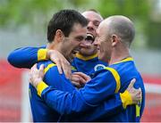 12 May 2013; Robert Douglas, Bluebell United, left, celebrates with team-mates Trevor Molloy and Glen Madden, centre, after scoring his side's first goal.  FAI Umbro Intermediate Cup Final, Bluebell United v Avondale United, Richmond Park, Dublin. Picture credit: Brian Lawless / SPORTSFILE