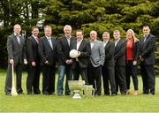 12 May 2013; In attendance at the launch of RTÉ Sport’s 2013 GAA Championship coverage are from left, former Waterford hurler John Mullane, sports presenter Darren Frehill, GAA correspondent Brian Carthy, analyst Pat Spillane, GAA correspondent Marty Morrissey, analysts Cyril Farrell, Martin McHugh and Kevin McStay, presenter Jacqui Hurley and former Dublin footballer Ciaran Whelan. RTÉ Radio Centre, Donnybrook, Dublin. Photo by Sportsfile