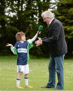 12 May 2013; Eight year old Peter Catterson from Delgany, Co. Wicklow, interviews RTÉ analyst Pat Spillane at the launch of RTÉ Sport’s 2013 GAA Championship coverage. RTÉ Radio Centre, Donnybrook, Dublin. Photo by Sportsfile