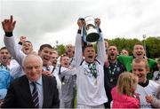 12 May 2013; Avondale United captain Eoghan Lougheed lifts the cup.  FAI Umbro Intermediate Cup Final, Bluebell United v Avondale United, Richmond Park, Dublin. Picture credit: Brian Lawless / SPORTSFILE