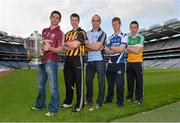 14 May 2013; Senior hurlers, from left, Fergal Moore, Galway, Michael Rice, Kilkenny, Stephen Hiney, Dublin, Matthew Whelan, Laois, and Ciaran Slevin, Offaly, in attendance at the launch of the 2013 Leinster GAA Senior Championships. Croke Park, Dublin. Picture credit: Brian Lawless / SPORTSFILE