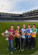 14 May 2013; Senior hurlers, from left, Fergal Moore, Galway, Michael Rice, Kilkenny, Stephen Hiney, Dublin, Matthew Whelan, Laois, and Ciaran Slevin, Offaly, in attendance at the launch of the 2013 Leinster GAA Senior Championships. Croke Park, Dublin. Picture credit: Brian Lawless / SPORTSFILE
