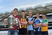 14 May 2013; Senior hurlers, from left, Fergal Moore, Galway, Michael Rice, Kilkenny, Stephen Hiney, Dublin, Matthew Whelan, Laois, and Ciaran Slevin, Offaly, in attendance at the launch of the 2013 Leinster GAA Senior Championships. Croke Park, Dublin. Picture credit: Brian Lawless / SPORTSFILE