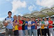 14 May 2013; Senior footballers, from left, Cian O'Sullivan, Dublin, Ben Brosnan, Wexford, John O'Brien, Louth, John McGrath, Wicklow, Shane Mulligan, Longford, Eamonn Callaghan, Kildare, Michael Quinn, Longford, Paul Sharry, Westmeath, Donal Keoghan, Meath, Niall McNamee, Offaly, John O'Loughlin, Laois, and Shane Lennon, Louth, in attendance at the launch of the 2013 Leinster GAA Senior Championships. Croke Park, Dublin. Picture credit: Brian Lawless / SPORTSFILE