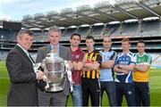 14 May 2013; Martin Skelly, Chairman of the Leinster Council, left, and Dominic Finlay, Liberty Insurance, with  senior hurlers, from left, Fergal Moore, Galway, Michael Rice, Kilkenny, Stephen Hiney, Dublin, Matthew Whelan, Laois, and Ciaran Slevin, Offaly, in attendance at the launch of the 2013 Leinster GAA Senior Championships. Croke Park, Dublin. Picture credit: Brian Lawless / SPORTSFILE