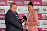 14 May 2013; Rianna Jarrett, Wexford Youths, receives her Team of the Year award from Eamonn Naughton, Chairman of the National League, during the Bus Éireann Women’s National League Awards. Aviva Stadium, Lansdowne Road, Dublin. Picture credit: Barry Cregg / SPORTSFILE
