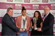 14 May 2013; Rianna Jarret, left, Wexford Youths, with her Young Player of the Year award, and Sara Lawlor, Peamount United, with her Player of the Year award, with Eamonn Naughton, Chairman of the National League, left, and Fran Gavin, Director, Bus Éireann National Women's League, during the Bus Éireann Women’s National League Awards. Aviva Stadium, Lansdowne Road, Dublin. Picture credit: Barry Cregg / SPORTSFILE