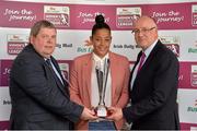 14 May 2013; Rianna Jarret, Wexford Youths, receives the Young Player of the Year award from Eamonn Naughton, Chairman of the National League, left, and Fran Gavin, Director, Bus Éireann National Women's League, during the Bus Éireann Women’s National League Awards. Aviva Stadium, Lansdowne Road, Dublin. Picture credit: Barry Cregg / SPORTSFILE