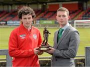 15 May 2013; Derry City's Barry McNamee is presented with the Airtricity / SWAI Player of the Month Award for April 2013 by Reece Mitchell, Airtricity. Brandywell, Derry. Picture credit: Oliver McVeigh / SPORTSFILE
