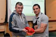 16 May 2013; Munster's Doug Howlett, who is leaving the club at the end of this season, is presented with his 100th cap by team manager Niall O'Donovan. Munster Rugby End-of-Season Gathering 2013, Castletroy Park Hotel, Limerick. Picture credit: Diarmuid Greene / SPORTSFILE
