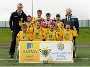16 May 2013; The St Patricks Boys National School, Carndonagh, Innishowen, Co. Donegal, team, pictured with Cathal Sheridan, Aviva, and Alex Harkin, FAI Schools treasurer, celebrate after winning Boy's Section B. Aviva Health FAI Primary School 5's, Ulster Finals, Monaghan United FC, Gortakeegan, Monaghan. Picture credit: Oliver McVeigh / SPORTSFILE