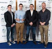 16 May 2013; Some of Ireland’s finest and most talented club rugby stars, from across the country, gathered in Dublin for the inaugural ‘Ulster Bank League Awards’. A total of seven awards were handed out to players from each division of the Ulster Bank League, Division 1A, 1B, 2A, 2B. Pictured is Leinster and Ireland legend Reggie Corrigan with Ulster Bank Divison 1A Player of the Year Craig Ronaldson, Lansdowne RFC, Dublin, with Ulster Bank Divison 1A Player of the Year nominees Ronan O'Mahony, Garryowen RFC, Limerick, left, and Ron Boucher, Lansdowne RFC, Dublin, right, at the Ulster Bank League Awards. Ulster Bank League Awards, Ulster Bank, George's Quay, Dublin. Picture credit: Stephen McCarthy / SPORTSFILE