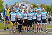 17 May 2013; Cyclists from the North-West, top row, from left, Mick Laffey, Gerry Ring, Martin Crowe, John Keegan, Micheál Curley, Declan Sherlock and Michael Lauhoff, front row, from left, Kevin McDaid, Anthony Flynn, Aine Keane, Anne Quigley, Paula Sheehan, Paula Doherty, and Tom Philips after they crossed the finish line during the National Make-A-Wish Bank of Ireland cycle. National Make-A-Wish Bank of Ireland Cycle, Hodson Bay Hotel, Athlone, Co. Westmeath. Picture credit: Diarmuid Greene / SPORTSFILE