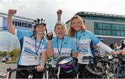 17 May 2013; Cyclists Aine Keane, from Mullingar, Anne Quigley, from Ballinasloe, and Paula Sheehan, from Mullingar, all having cycled from Sligo, after they crossed the finish line during the National Make-A-Wish Bank of Ireland cycle. National Make-A-Wish Bank of Ireland Cycle, Hodson Bay Hotel, Athlone, Co. Westmeath. Picture credit: Diarmuid Greene / SPORTSFILE