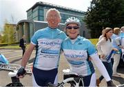 17 May 2013; Martin Crowe, left, and Paula Doherty, having cycled from Ballyhaunis, Co. Mayo, after they crossed the finish line during the National Make-A-Wish Bank of Ireland cycle. National Make-A-Wish Bank of Ireland Cycle, Hodson Bay Hotel, Athlone, Co. Westmeath. Picture credit: Diarmuid Greene / SPORTSFILE