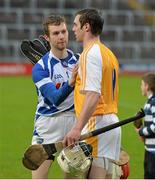 18 May 2013; Laois goalkeeper Eoin Reilly with Antrim's Neil McManus after the game. Leinster GAA Hurling Senior Championship, First Round, Laois v Antrim, O'Moore Park, Portlaoise, Co. Laois. Picture credit: Diarmuid Greene / SPORTSFILE