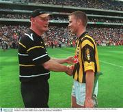 6 July 2003; Kilkenny manager Brian Cody congratulates Sean Dowling after victory over Wexford. Guinness Leinster Senior Hurling Championship Final, Kilkenny v Wexford, Croke Park, Dublin. Picture credit; Ray McManus / SPORTSFILE