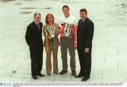 9 July 2003; Tyrone manager Mickey Harte, left, Lisa Browne, Sponsorship manager, Bank of Ireland, Down manager Paddy O'Rourke, Limerick manager Liam Kearns, right, at a photocall at the Bank of Ireland Head Office in Dublin, ahead of next Sunday's Bank of Ireland Ulster and Munster Football Finals between Tyrone and Down and Limerick and Kerry. Football. Picture credit; Brendan Moran / SPORTSFILE