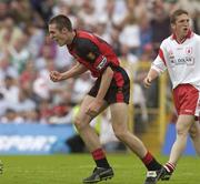 13 July 2003; Dan Gordon, Down, celebrates after scoring his sides third goal. Bank of Ireland Ulster Senior Football Final, Tyrone v Down, St. Tighernach's Park, Clones, Co Monaghan. Picture credit; David Maher / SPORTSFILE *EDI*