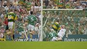 13 July 2003; Dara O'Cinneide, Kerry (11), shoots the ball past Limerick goalkeeper Seamus O'Donnell to score the only goal of the game. Bank of Ireland Munster Senior Football Final, Kerry v Limerick, Fitzgerald Stadium, Killarney, Co Kerry. Picture credit; Brendan Moran / SPORTSFILE *EDI*