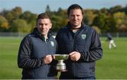 21 October 2017; Ireland joint-managers Willie Cleary, left, and Gavin Keary with cup after the U21 Shinty International match between Ireland and Scotland at Bught Park in Inverness, Scotland. Photo by Piaras Ó Mídheach/Sportsfile
