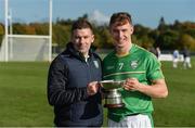 21 October 2017; Ireland joint-manager Willie Cleary and Cathal Dunbar, both from Wexford, with the cup after the U21 Shinty International match between Ireland and Scotland at Bught Park in Inverness, Scotland. Photo by Piaras Ó Mídheach/Sportsfile