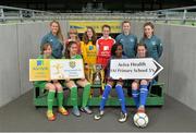 20 May 2013; Republic of Ireland underage internationals Gemma McGuinness, Sarah Rowe, Lauren Dwyer, Conor Levingston, Michael Quigley and Adam Dunbar were on hand today in Aviva Stadium ahead of the Aviva Health FAI Primary School 5’s National Finals on Saturday, May 25. The players, all alumni of the competition, were joined by pupils from St. Michael’s NS, Trim, and Scoil Mochua’s Celbridge, who will compete to be crowned all Ireland champions in their respective categories on the day. The event will be a family fun day focused on providing participants and spectators alike with huge excitement and entertainment, making it a day to remember for all involved. Activities kick off at 12pm. In attendance at the launch are girls from Scoil Mochua, Celbridge, Co. Kildare, back row, from left, Kate Browne, Courtney Kenny and Teigan Ruddy, front row, from left, Orla Marsh, Gayane Gevorgyan, Glodie Bakala and Ruth Dwyer with Republic of Ireland internationals Sarah Rowe, left, Lauren Dwyer and Gemma McGuinness. Aviva Stadium, Lansdowne Road, Dublin. Picture credit: Barry Cregg / SPORTSFILE