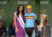 20 May 2013; Miss An Post Rás Aideen Cleary with 3rd across the line Jasper De Buyst, Belgium National Team after Stage 2 of the 2013 An Post Rás. Longford - Nenagh. Photo by Sportsfile