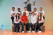 21 May 2013; Pictured is Olympic Gold Medallist Katie Taylor, who was today announced as Ireland’s Sky Sports Living for Sport Ambassador, and British Olympic Gold Medallist Darren Campbell with pupils of Marino College Dublin, from left, Abuduhl Alsfadi, Diana Roxanna, Sanjana Kishto, Robert Prunila, Michelle Tian, Jessica Kirwan and Alex Musat. Sky Sports Living for Sport is a free initiative run in partnership with Youth Sport Trust.  Sky Ireland is looking to encourage thousands of young people across a third of secondary schools in Ireland to take part within the next three years. To find out more about Sky Sports Living for Sport and to get involved visit www.skysports.com/livingforsport. Katie Taylor and Sky Sports Initiative, Sky Ireland, Dublin. Picture credit: David Maher / SPORTSFILE