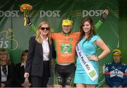21 May 2013; Madeline McGovern, Director of Corporate and Strategic Development LeasePlan, and Miss An Post Rás Eibhlis Moriarty with the winner of Stage 3 of the 2013 An Post Rás between Nenagh and Listowel Sam Bennett, An Post Chain Reaction. Listowel, Co. Kerry. Photo by Sportsfile
