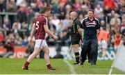 19 May 2013; Garreth Bradshaw, Galway, leaves the pitch after being sent off by referee Marty Duffy. Connacht GAA Football Senior Championship Quarter-Final, Galway v Mayo, Pearse Stadium, Salthill, Galway. Picture credit: Diarmuid Greene / SPORTSFILE