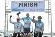 17 May 2013; Cyclists Frank Scanlon, left, Damien Meadows, centre, and Jeremy Crean, having cycled from Lucan, Co. Dublin, after they crossed the finish line during the National Make-A-Wish Bank of Ireland cycle. National Make-A-Wish Bank of Ireland Cycle, Hodson Bay Hotel, Athlone, Co. Westmeath. Picture credit: Diarmuid Greene / SPORTSFILE