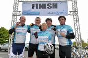 17 May 2013; Cyclists, from left to right, Pat Bolger, Gerry O'Sullivan, Evelyn Philbin, Ollie Quane and Ciaran Delaney, having cycled from Galway, after they crossed the finish line during the National Make-A-Wish Bank of Ireland cycle. National Make-A-Wish Bank of Ireland Cycle, Hodson Bay Hotel, Athlone, Co. Westmeath. Picture credit: Diarmuid Greene / SPORTSFILE